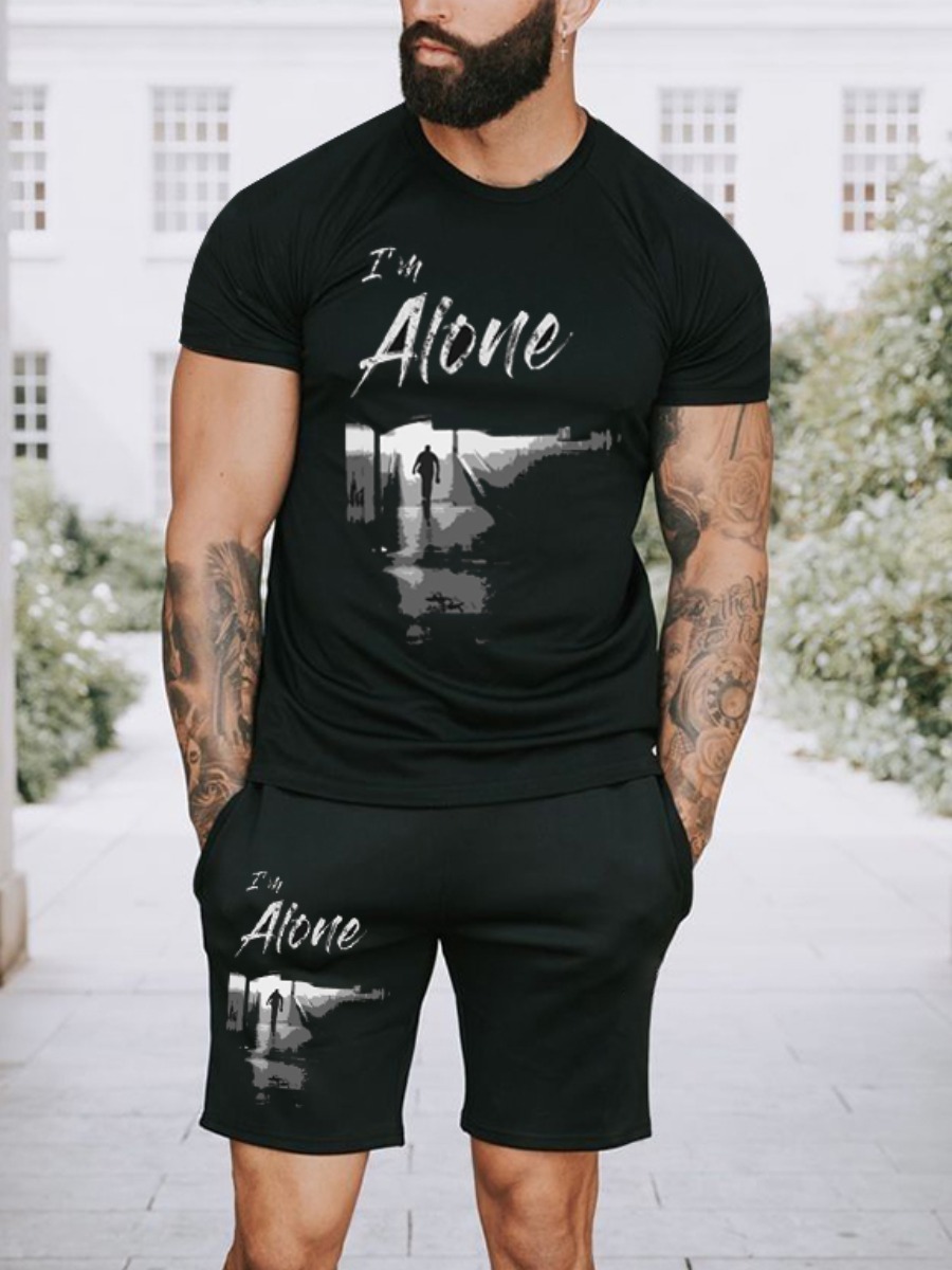 

Lovely Men Casual O Neck Letter Print Black Two Piece Shorts Set