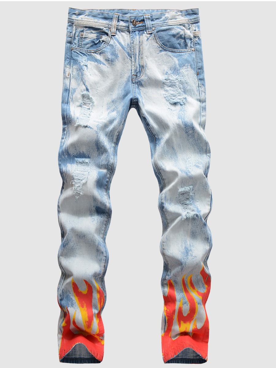 

LW Men Street Denim Blaze Print Patchwork Jeans, Baby blue