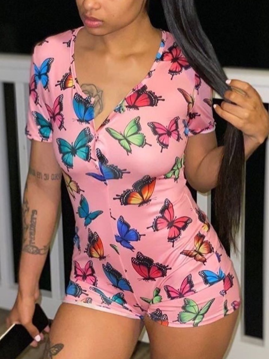 

Lovely V Neck Butterfly Print Romper, Pink