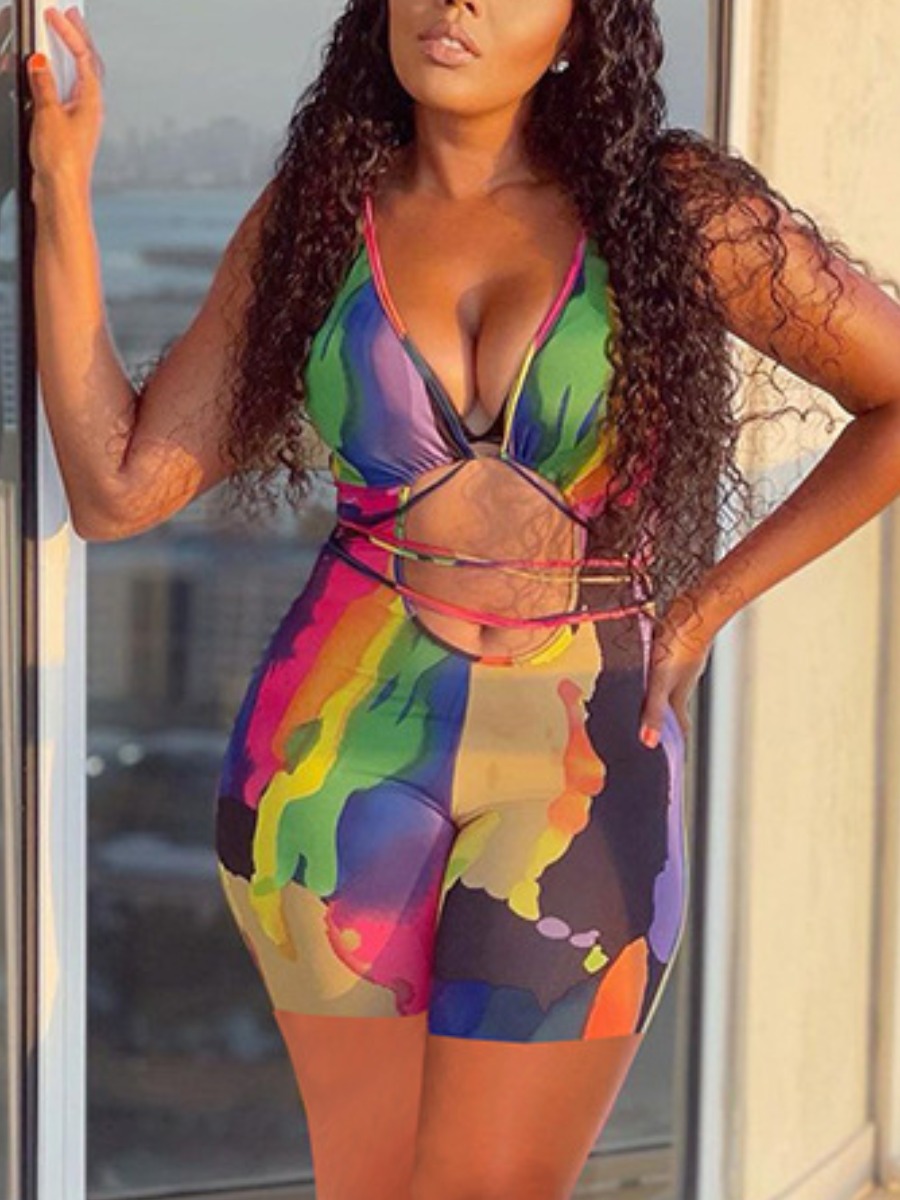 

Lovely Street Tie-dye Hollow-out Yellow One-piece Romper