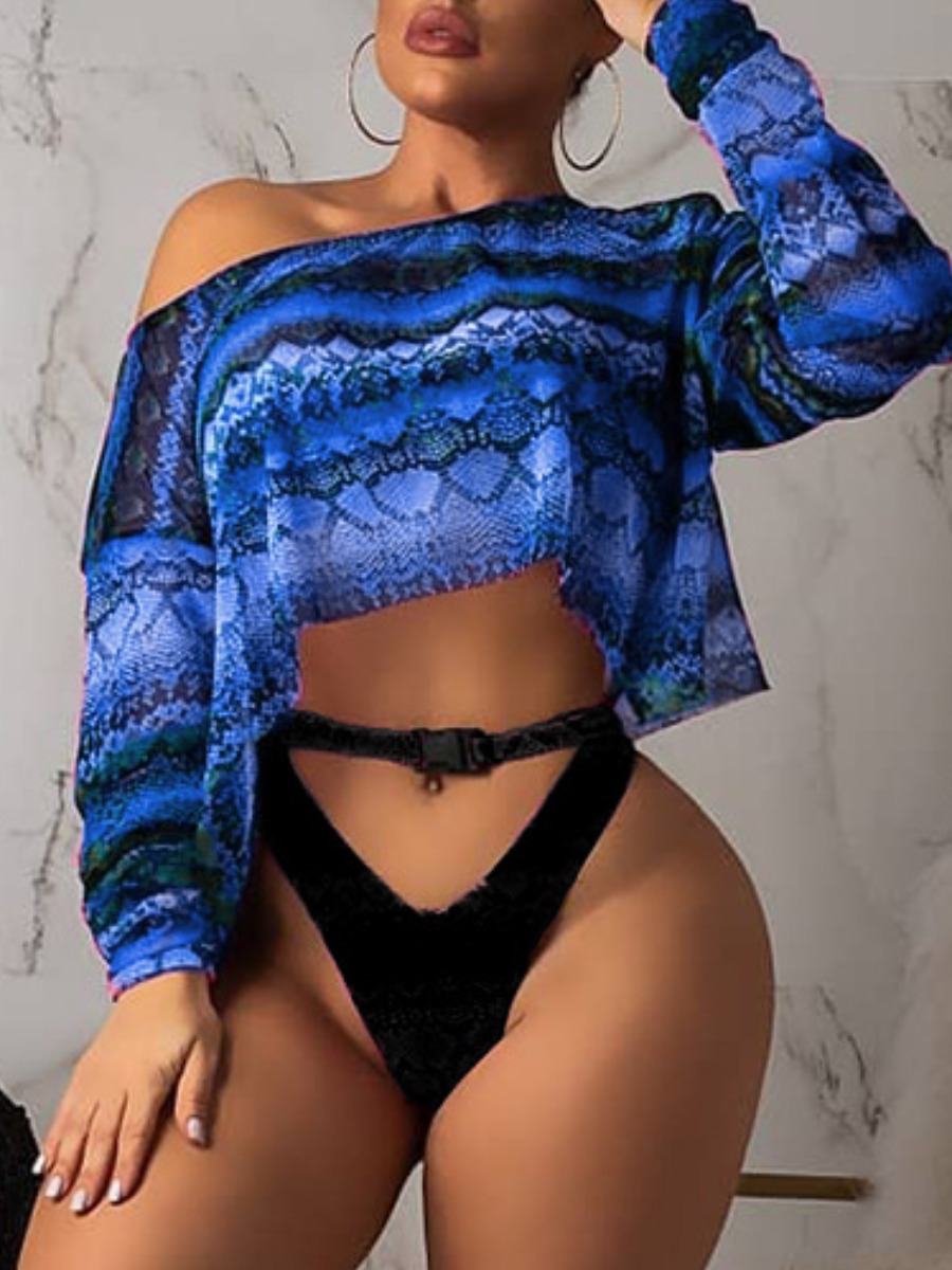 

Lovely Sexy Dropped Shoulder Cobra Print Blue T-shirt
