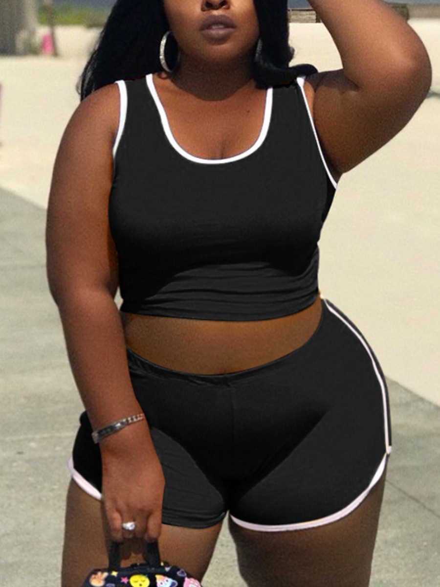 

Lovely Plus Size Sporty U Neck Striped Black Two-piece Shorts Set