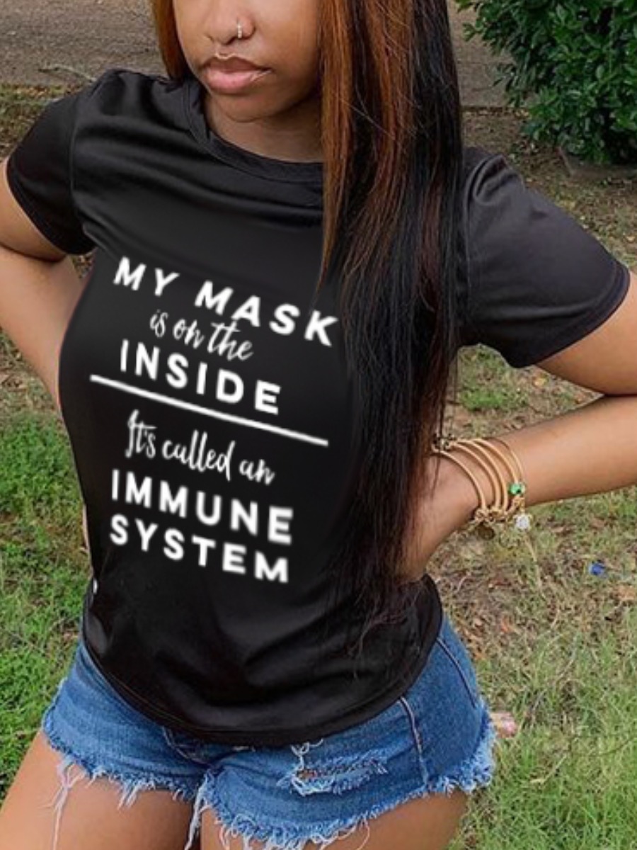 

Lovely Casual O Neck Letter Print Black T-shirt
