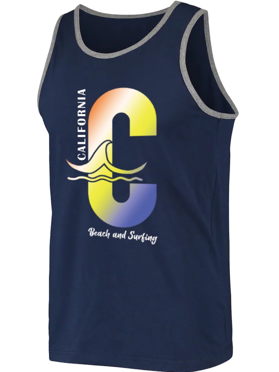 LW Men Sporty O Neck Letter Print Deep Blue Vest