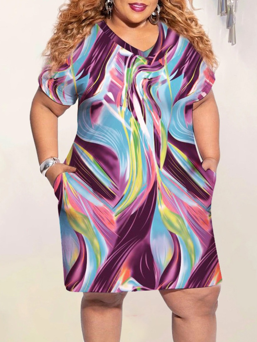 

Lovely Plus Size Boho V Neck Whirlpool Purple Knee Length Dress