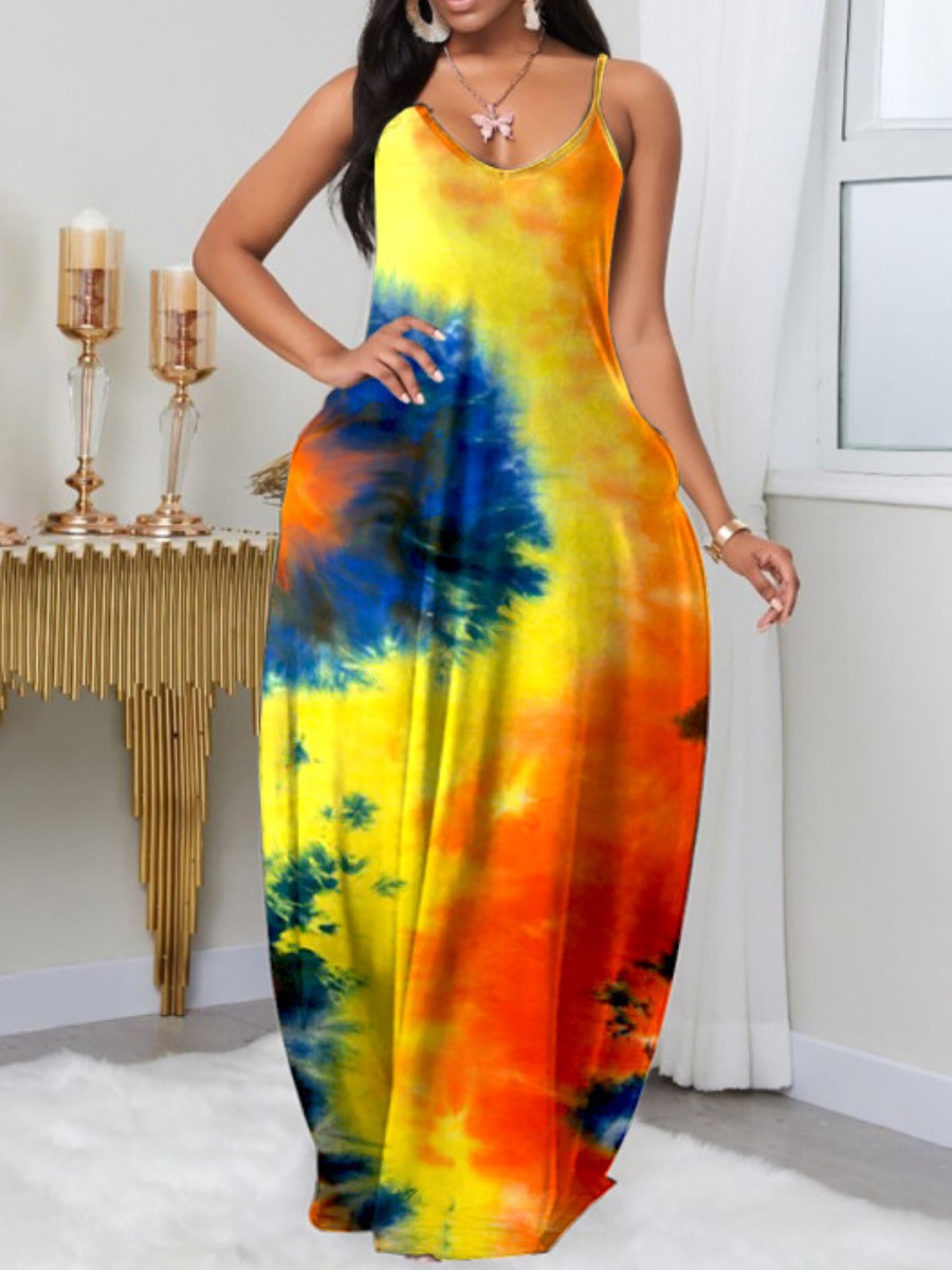 

LW Plus Size Boho U Neck Tie-dye Yellow Floor Length Dress