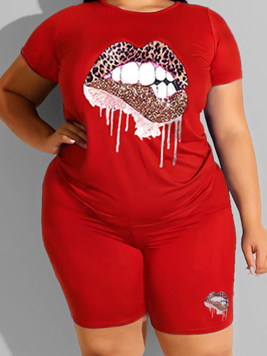 

Lovely Plus Size Sporty O Neck Lip Print Red Two-piece Shorts Set