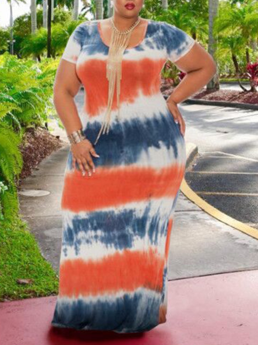 

Lovely Plus Size Casual U Neck Tie-dye Orange Floor Length Dress