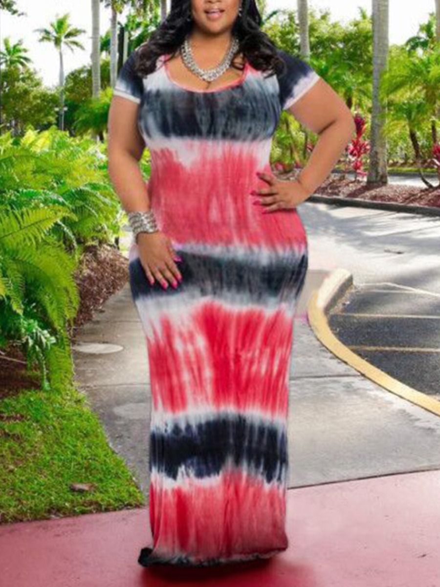 

Lovely Plus Size Casual O Neck Tie-dye Red Floor Length Dress