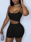 LW BASICS Sporty U Neck Elastic Black Yoga Two Piece Shorts Set