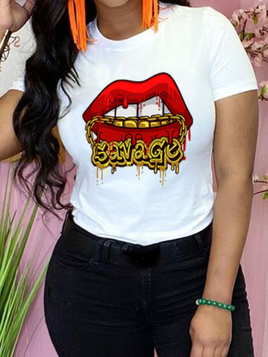 

Lovely Casual Lip Letter Print White T-shirt