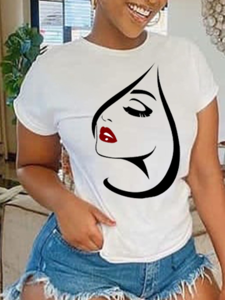 

Lovely Casual O Neck Lip Print White T-shirt