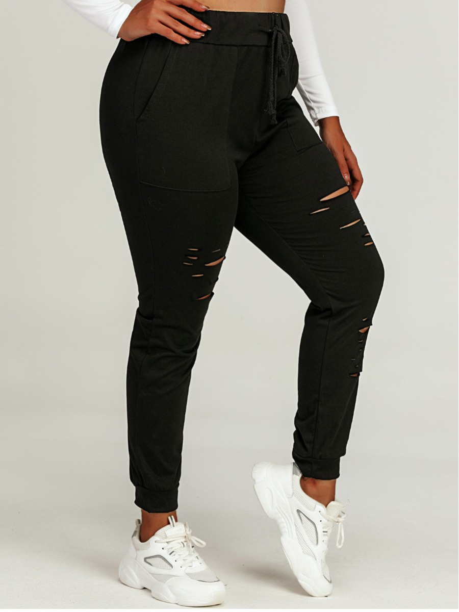 

Lovely Plus Size Sporty Ripped Drawstring Black Pants