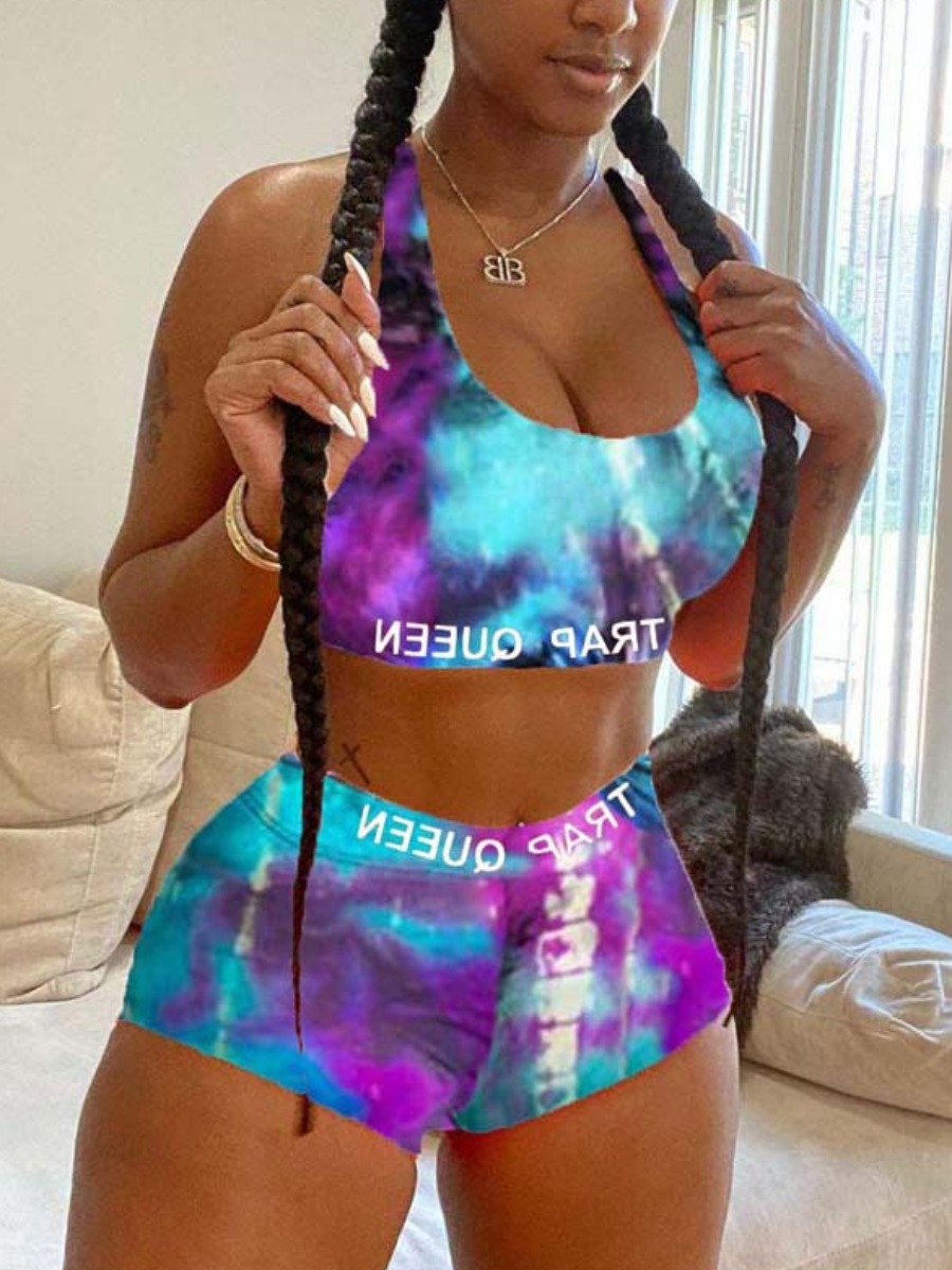 

Lovely Boho U Neck Tie-dye Purple Two-piece Swimsuit