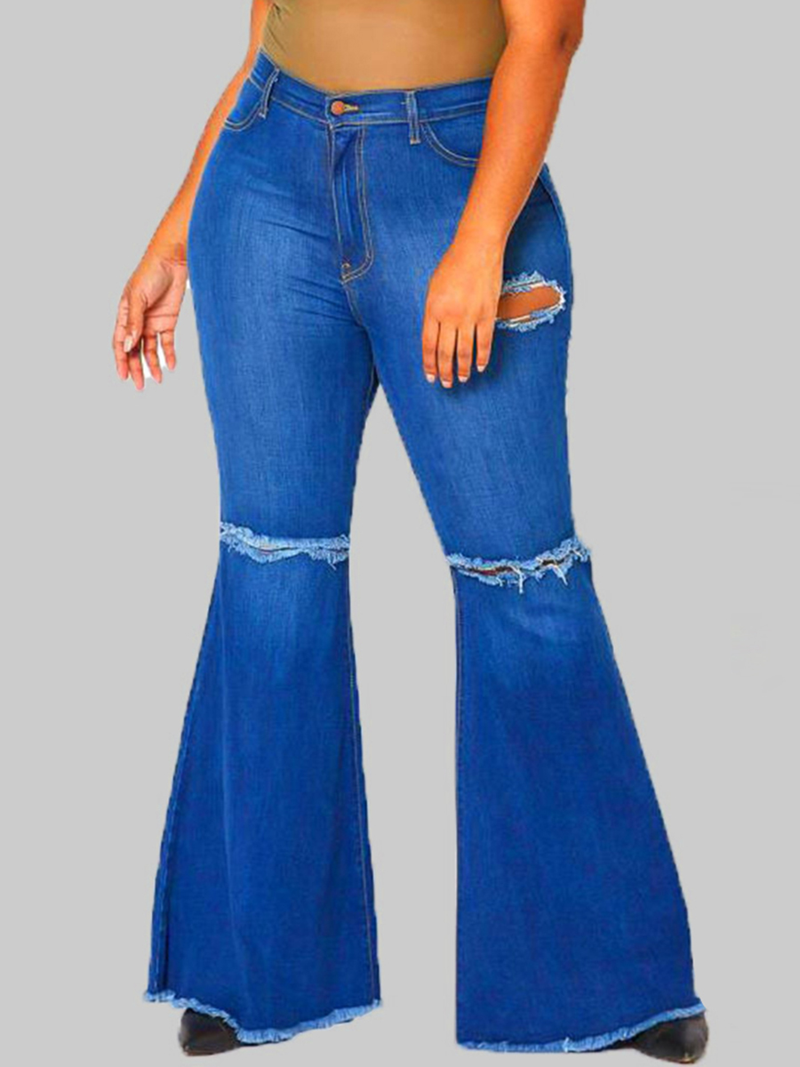 

Lovely Plus Size Street Ripped Flared Blue Jeans