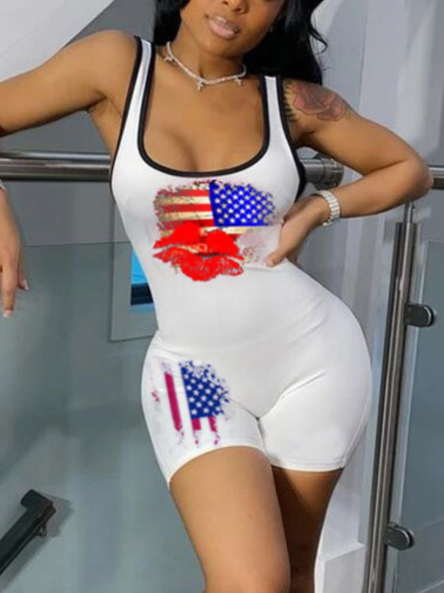 

Lovely Sporty American Flag Lip Print White One-piece Romper
