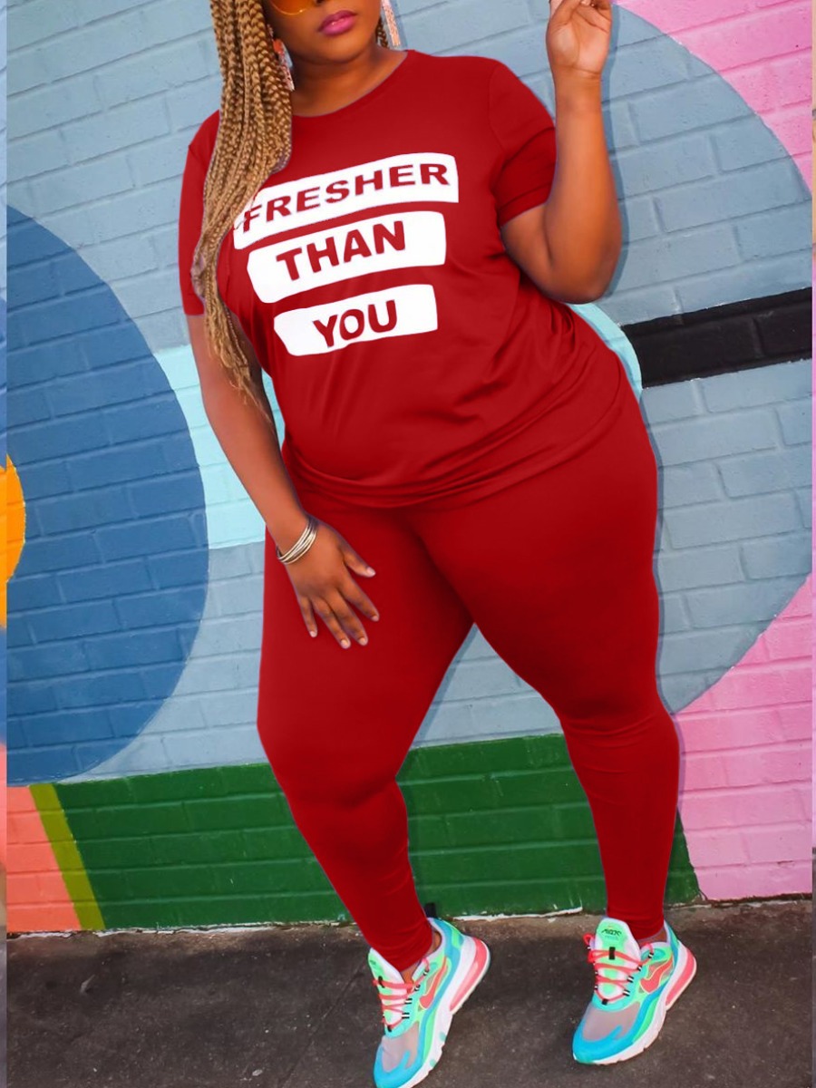 

Lovely Plus Size Casual O Neck Letter Print Red Two-piece Pants Set