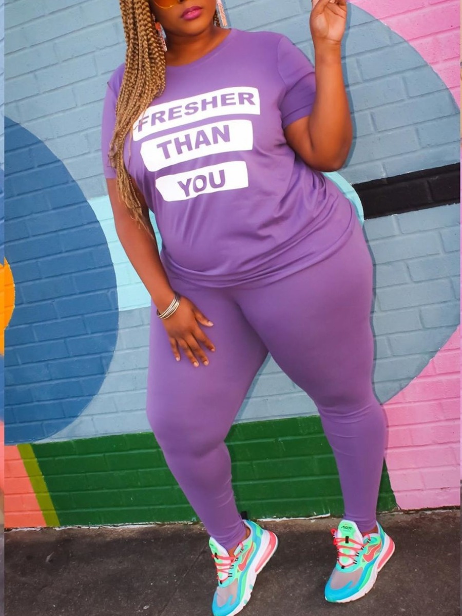 

Lovely Plus Size Casual O Neck Letter Print Purple Two-piece Pants Set