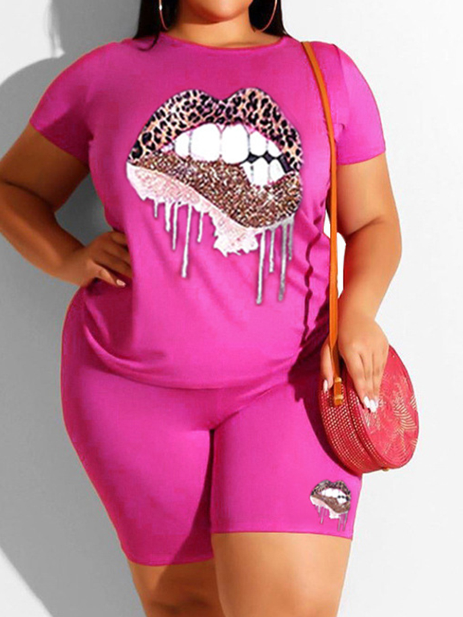 

Lovely Plus Size Sporty O Neck Lip Print Rose Red Two-piece Shorts Set