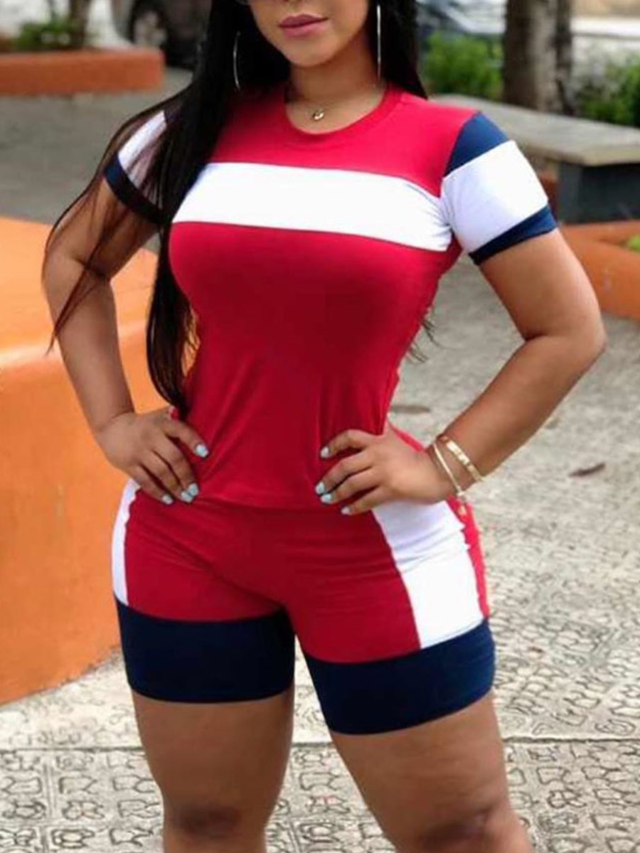 

Lovely Plus Size Street O Neck Color-lump Red Two-piece Shorts Set