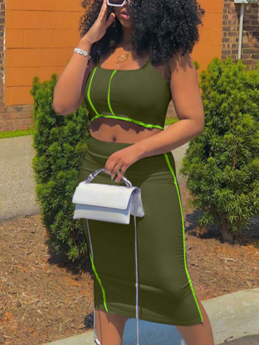 

Lovely Street Striped Split Army Green Two Piece Skirt Set