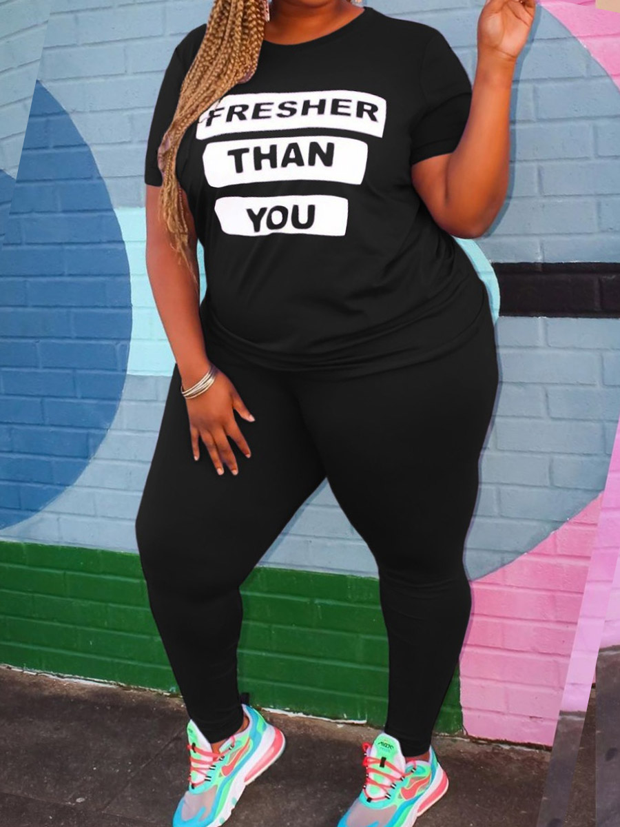 

Lovely Plus Size Casual O Neck Letter Print Black Two-piece Pants Set