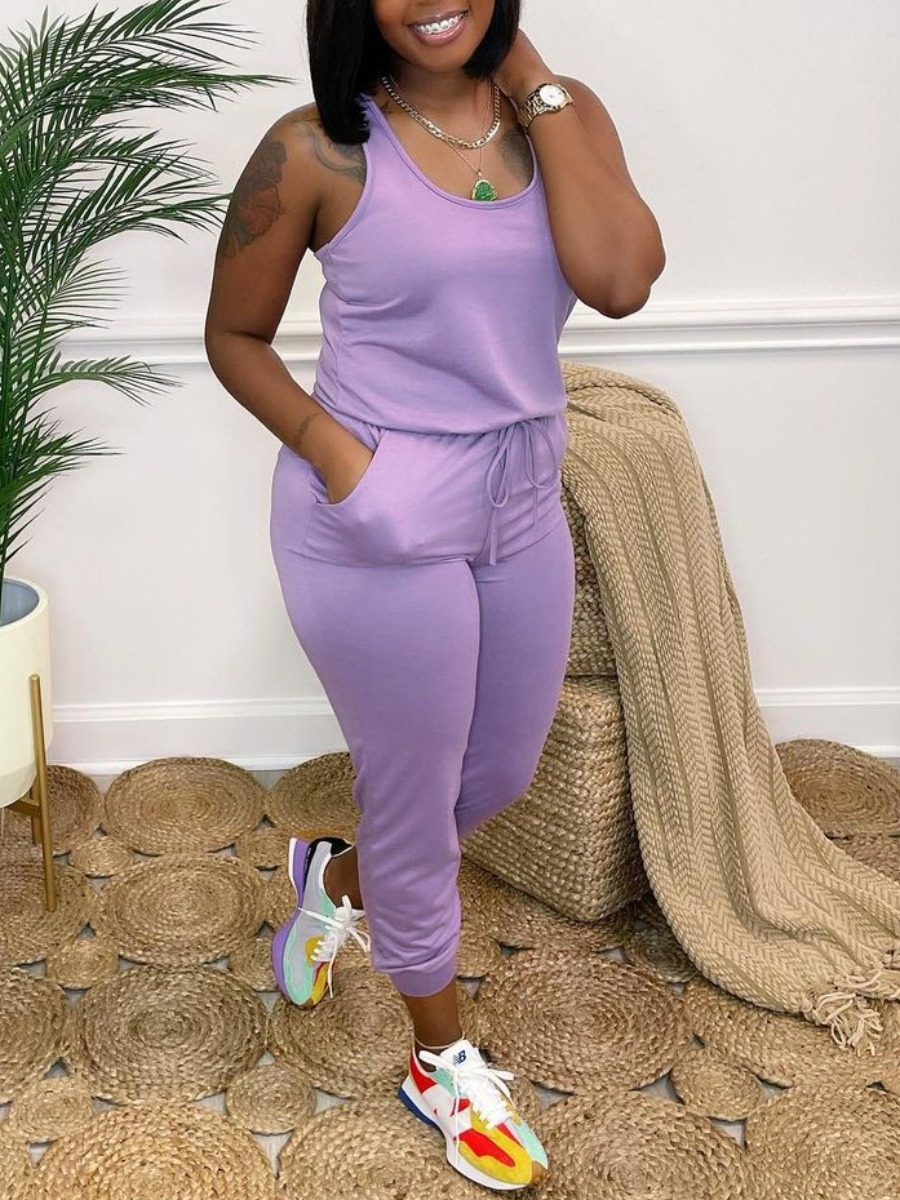 

LW BASICS Casual U Neck Drawstring Purple One-piece Jumpsuit