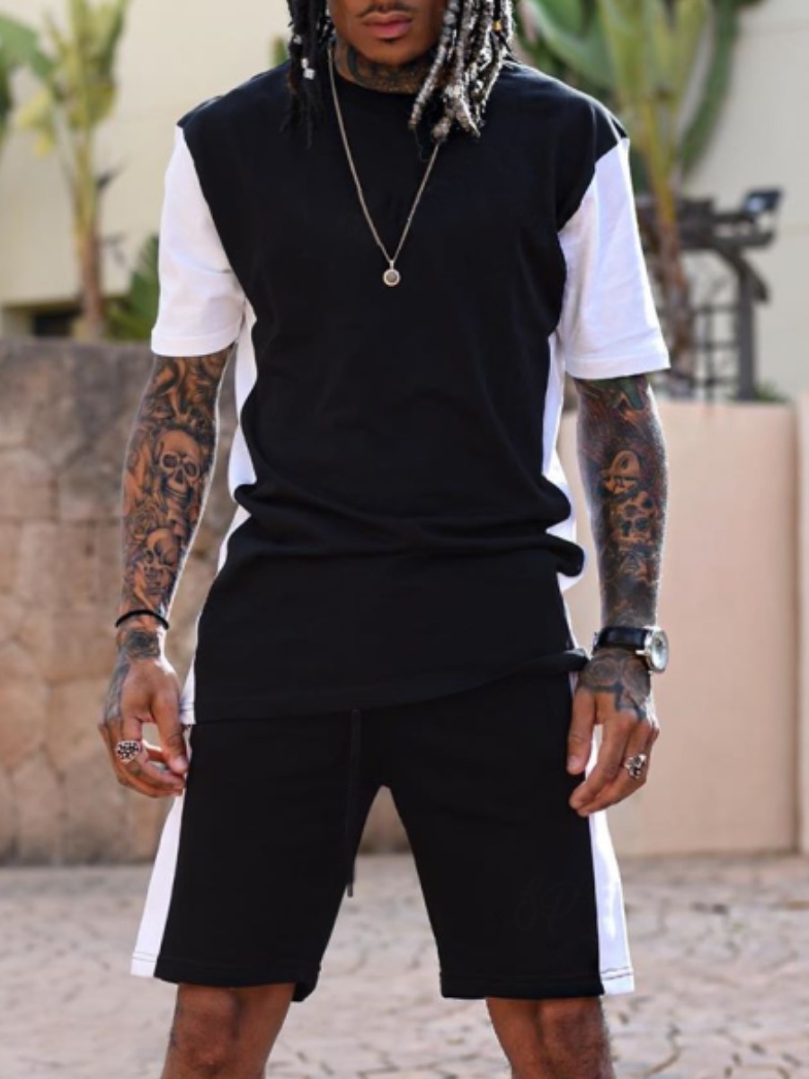 

Lovely Men Casual Color-lump Drawstring Black Two Piece Shorts Set