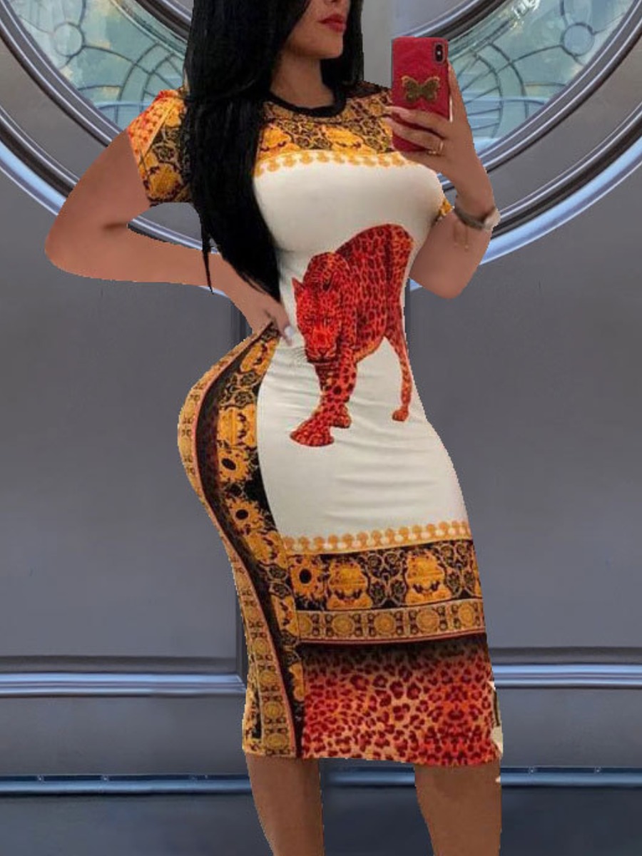 

LW Round Neck Leopard Print Bodycon Dress, Red
