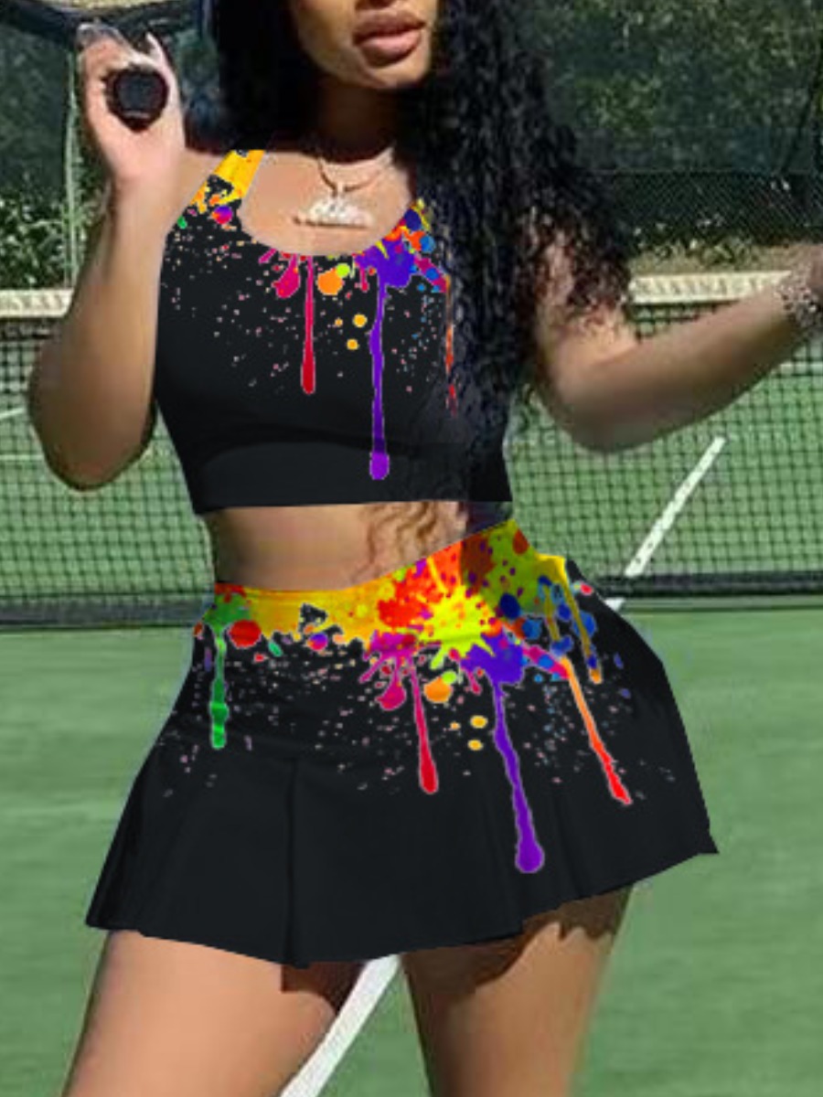 

Lovely Street Splash-ink Flounce Design Black Two Piece Skirt Set