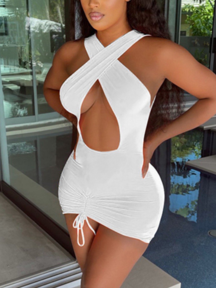 

LW SXY Hollow-out Drawstring White Mini Dress