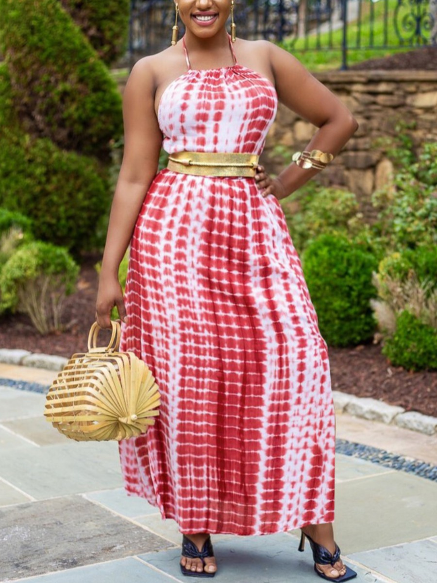 

Lovely Boho Backless Tie-dye Red Ankle Length A Line Dress