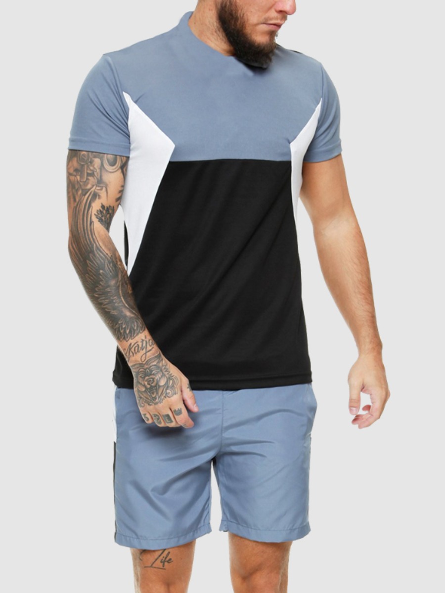

Lovely Men Casual Color-lump Drawstring Blue Two Piece Shorts Set