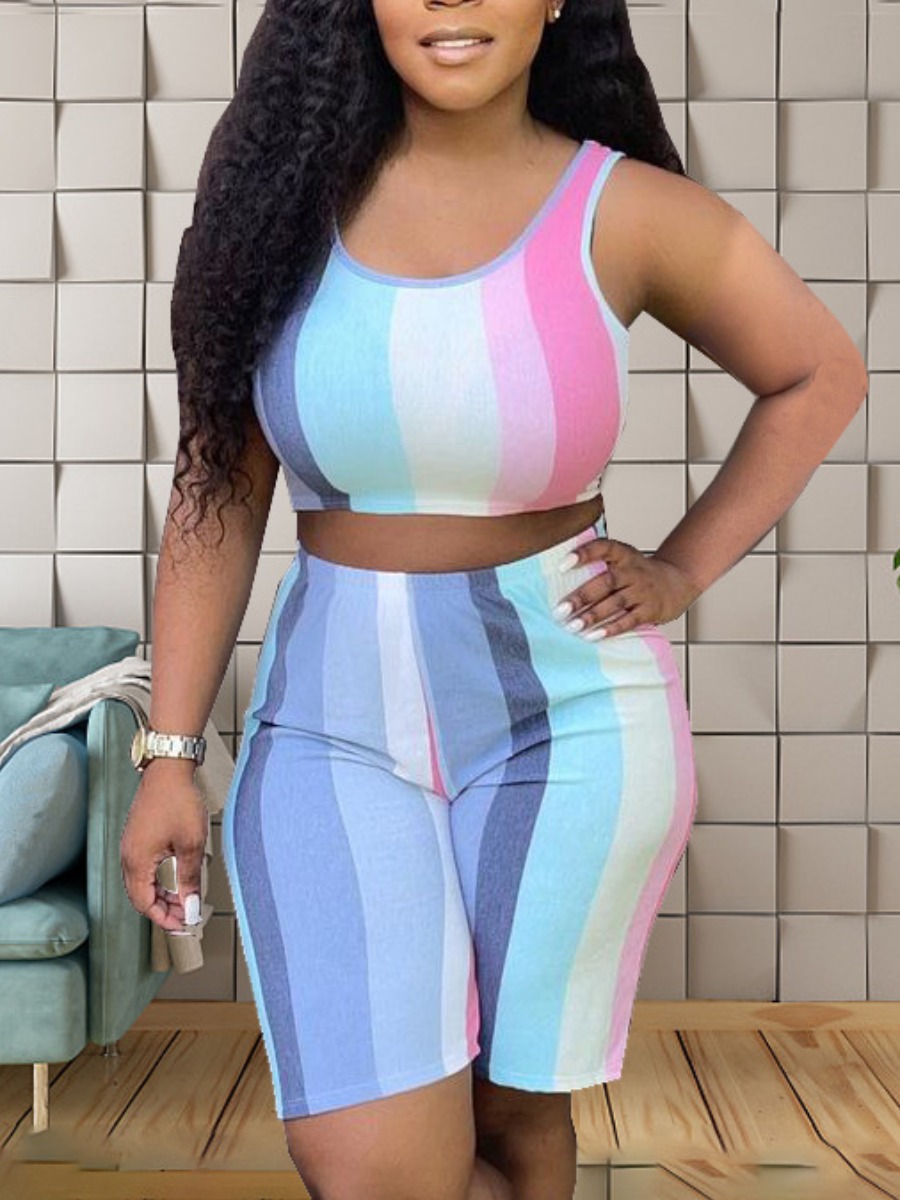 

Lovely Casual U Neck Striped Blue Two Piece Shorts Set