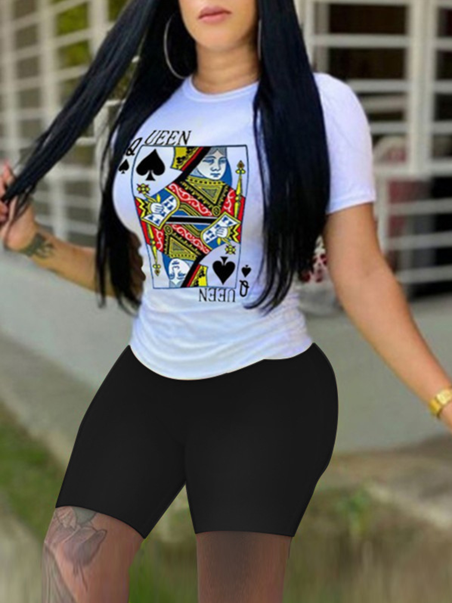 

LW BASICS Street Poker Letter Print White Two Piece Shorts Set, Black