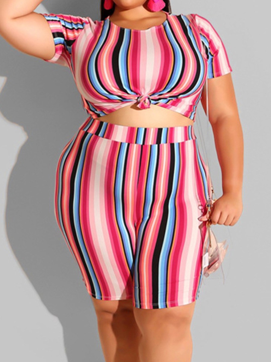 

Lovely Plus Size Casual O Neck Striped Pink Two-piece Shorts Set
