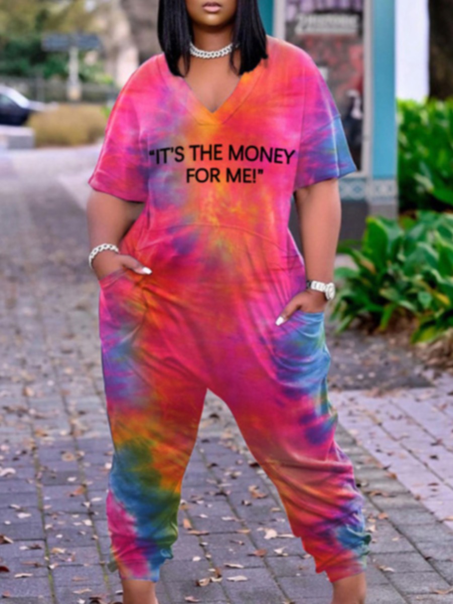 

Lovely Plus Size Casual Letter Print Tie-dye Rose Red One-piece Jumpsuit