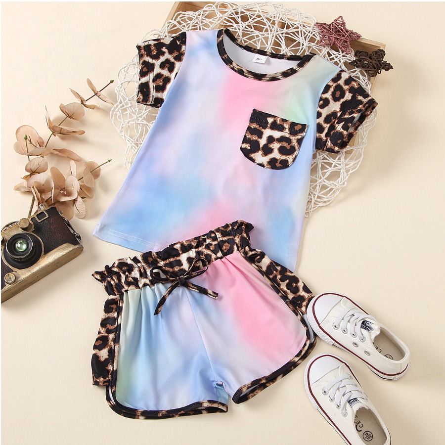 

Lovely Girl Casual Tie-dye Leopard Print Skyblue Two Piece Shorts Set