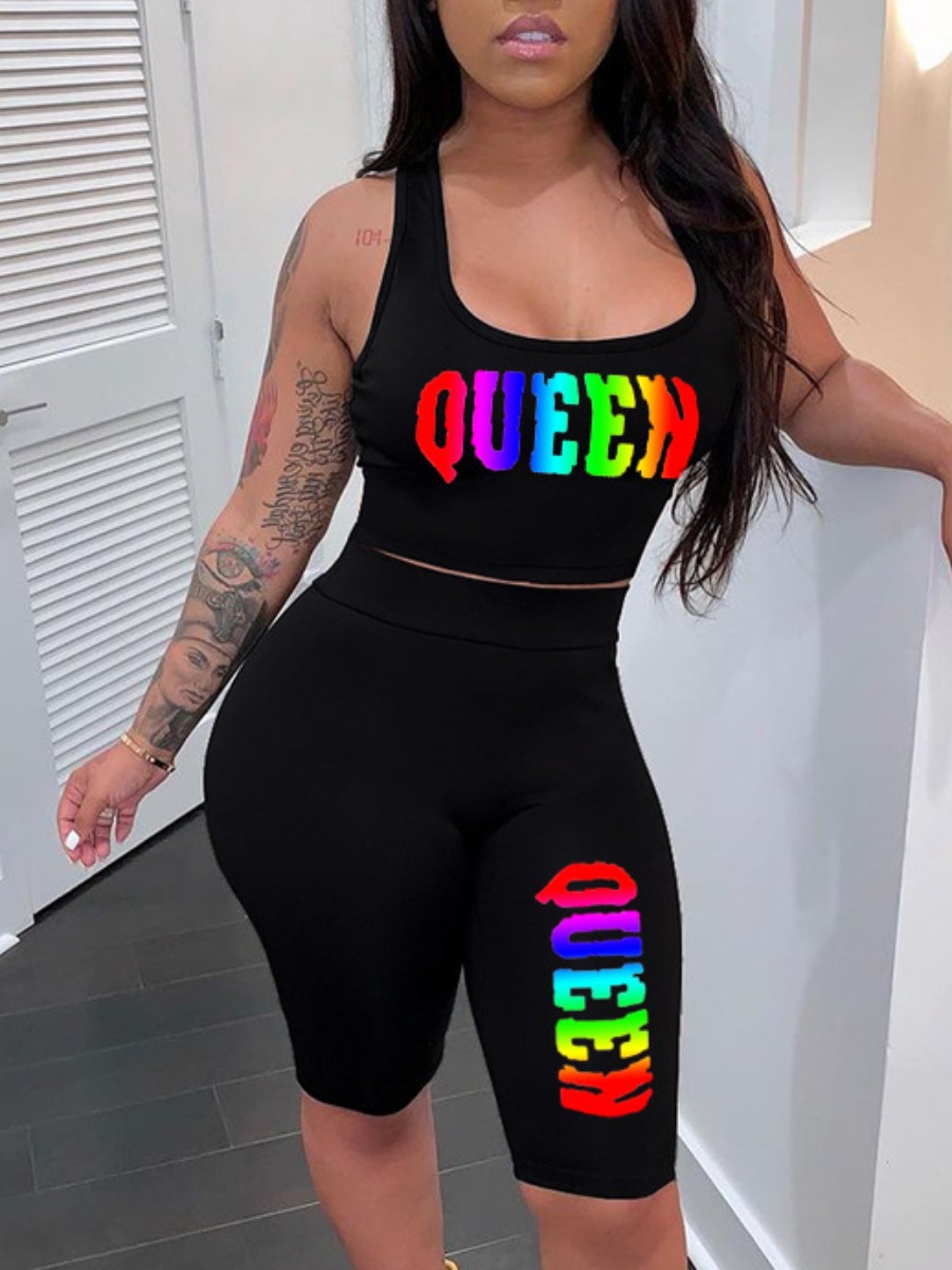

Lovely Sporty U Neck Letter Print Black Active Two Piece Shorts Set