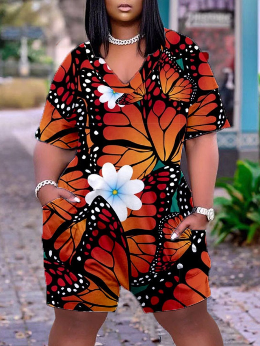 

Lovely Plus Size Casual Butterfly Print Croci One-piece Romper
