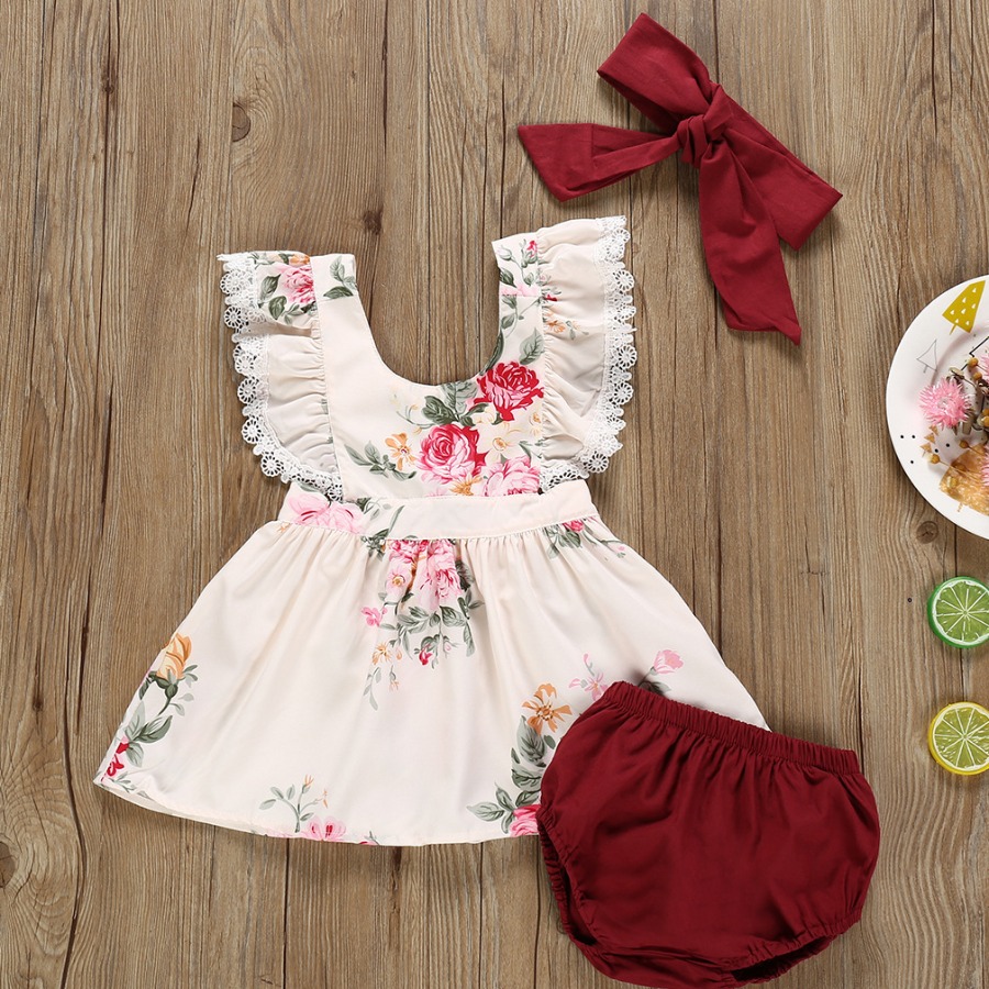 

Lovely Girl Sweet Floral Print Wine Red Two Piece Shorts Set