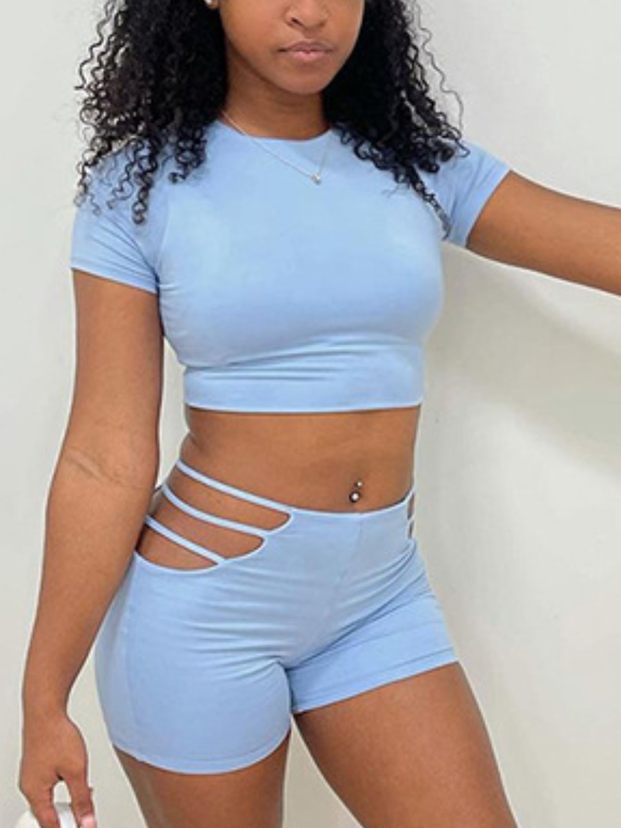 

Lovely Casual O Neck Hollow-out Baby Blue Two Piece Shorts Set