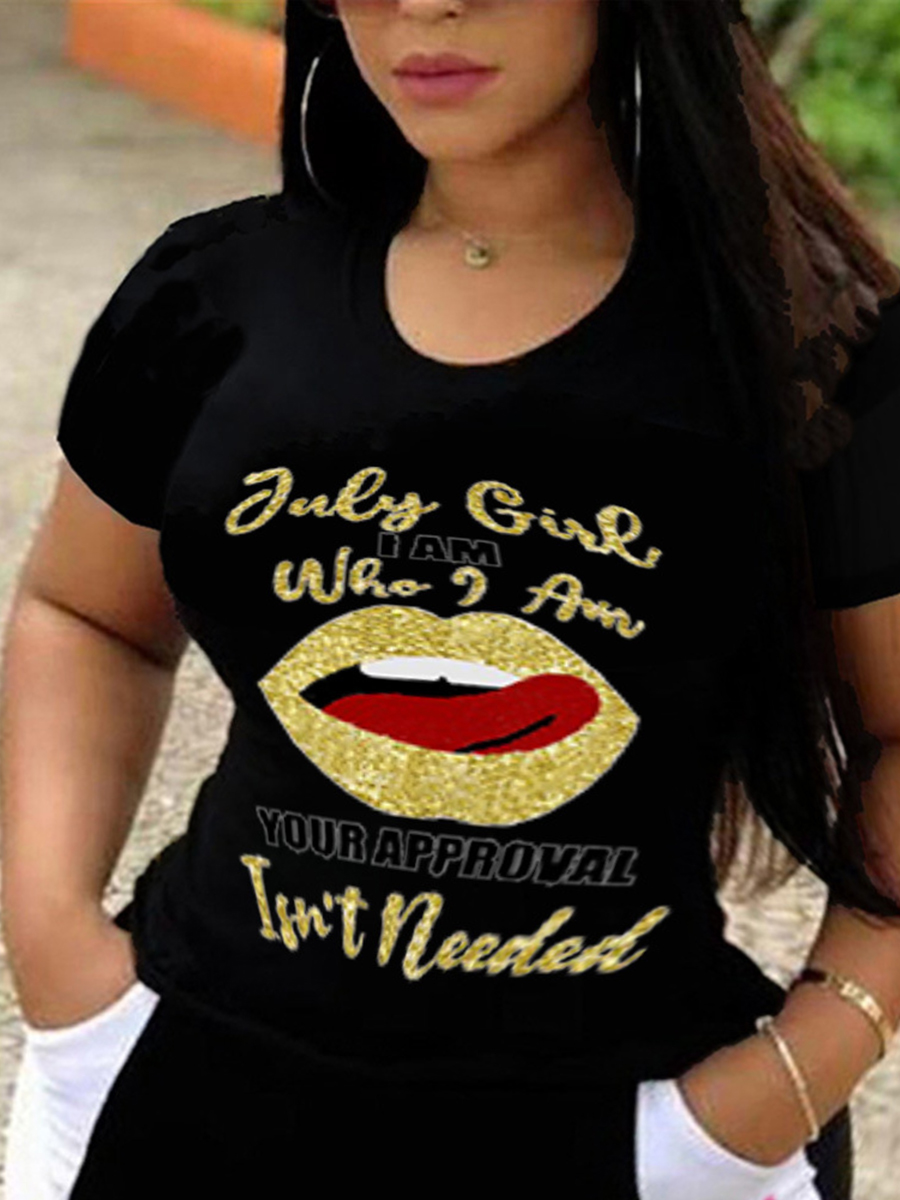 

Lovely Plus Size Casual Lip Letter Print Black T-shirt