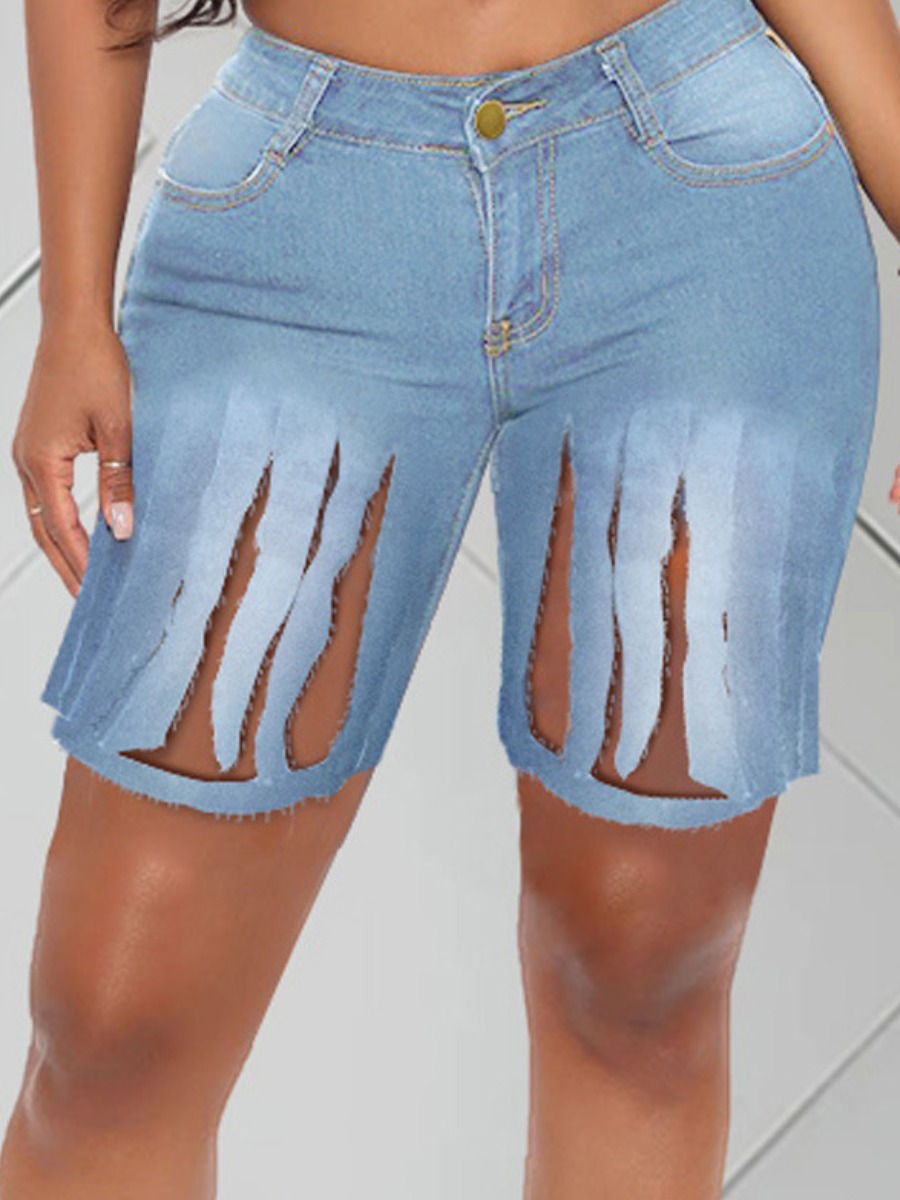 

LW Casual High-waisted Ripped Baby Blue Denim Shorts (No Stretch)