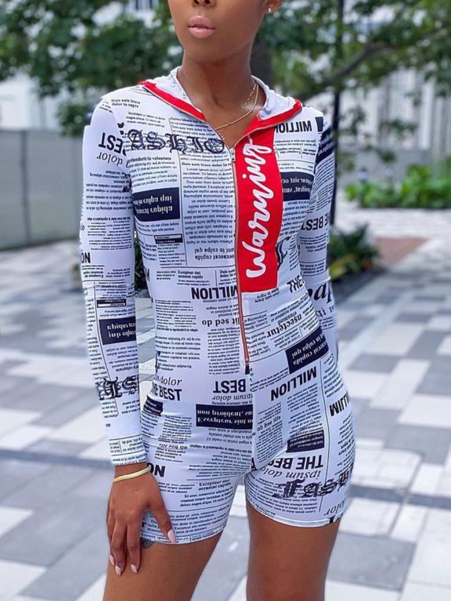 

LW Street Hooded Collar Letter Print White One-piece Romper