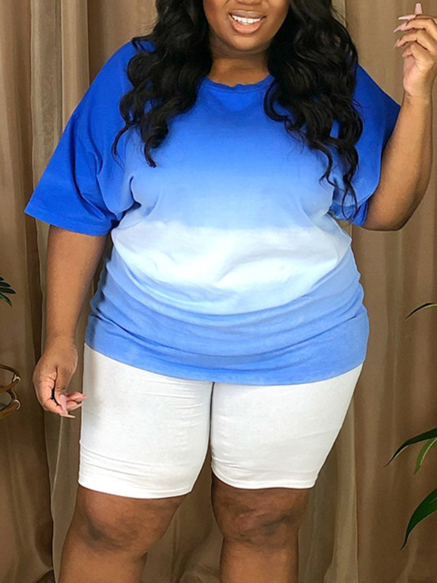 

Lovely Plus Size Casual O Neck Gradient Blue Two-piece Shorts Set