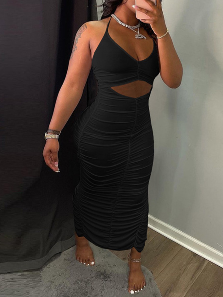 

Lovely Street Hollow-out Ruched Black Ankle Length Dress
