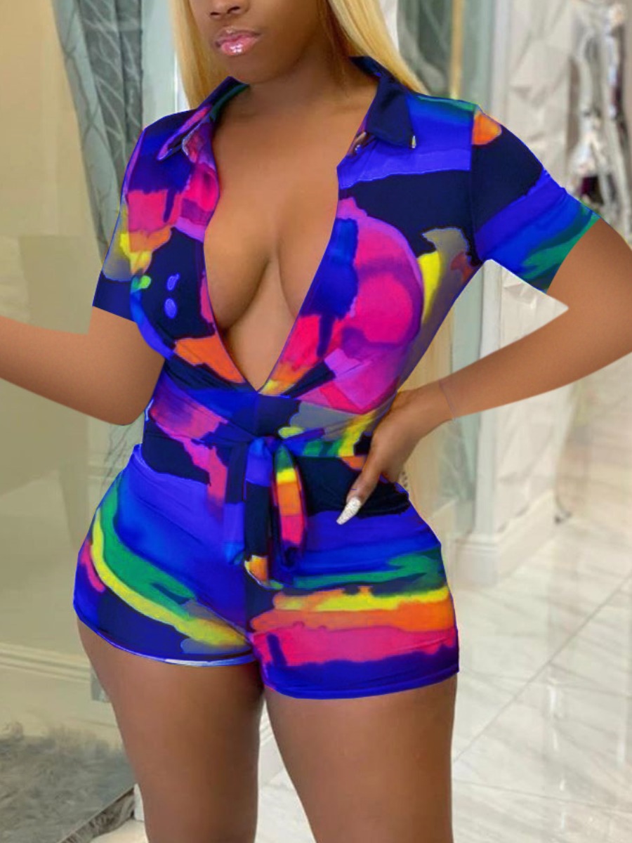 

LW Street Turndown Collar Bandage Design Blue One-piece Romper
