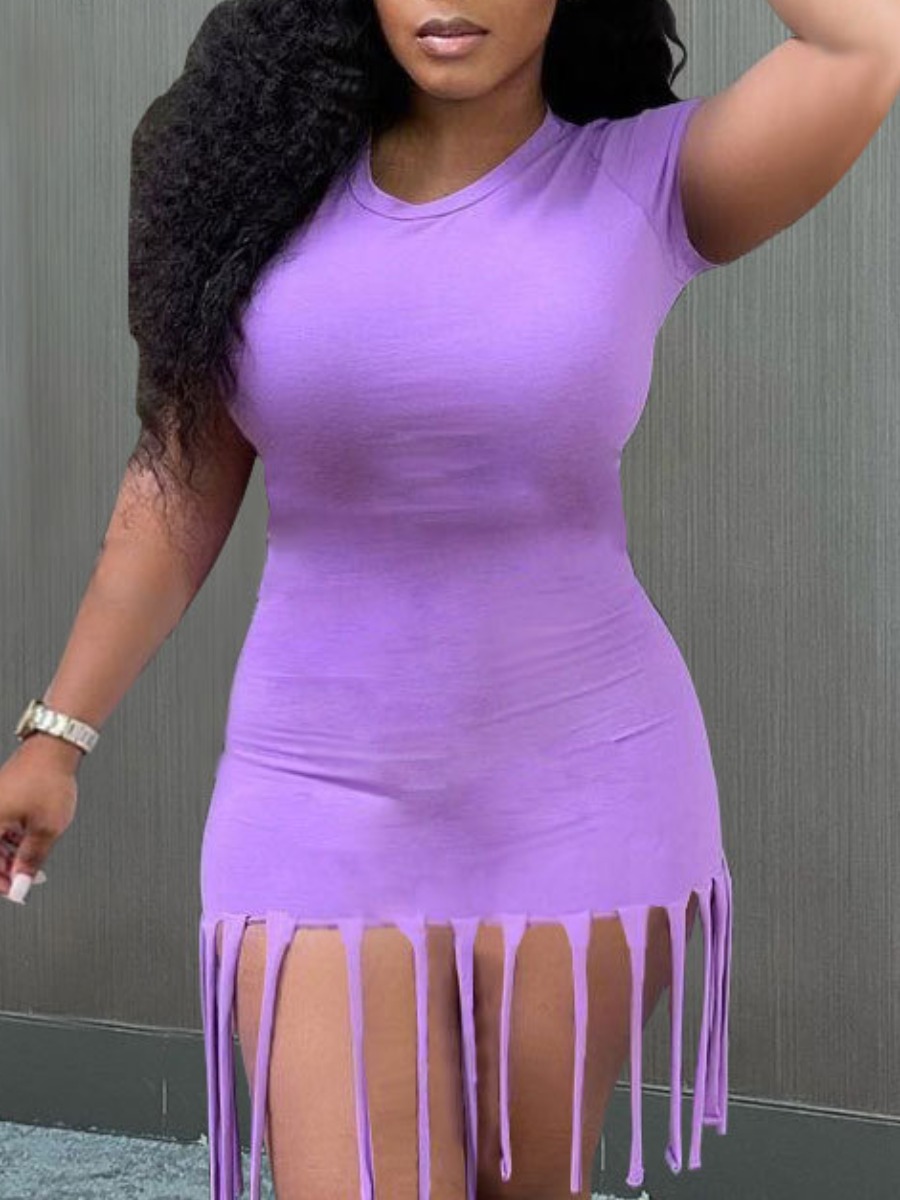 

Lovely Casual O Neck Tassel Design Purple Mini Dress