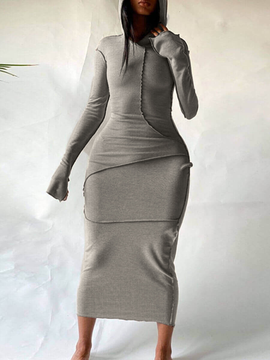 

Lovely Casual Hooded Collar Basic Skinny Khaki Mid Calf Dress